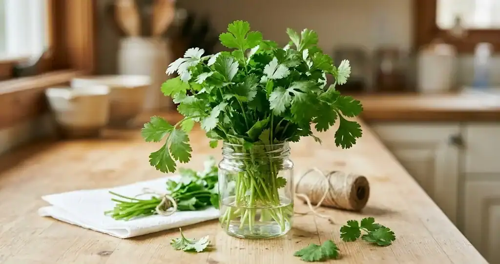 Fresh bunch of cilantro standing in a glass jar of water on a wooden kitchen counter