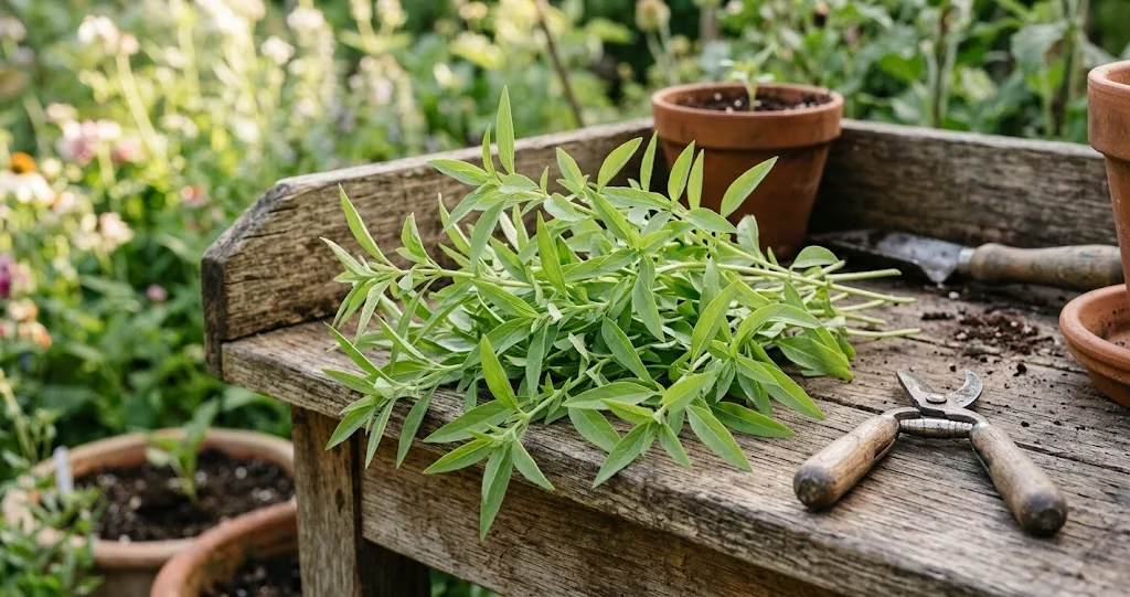 Freshly harvested bunch of lemon basil resting on a rustic wooden potting bench in morning sunlight