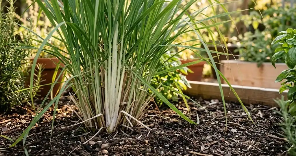 Mature lemongrass clump in a sunny garden with pale stalk bases visible at the soil line