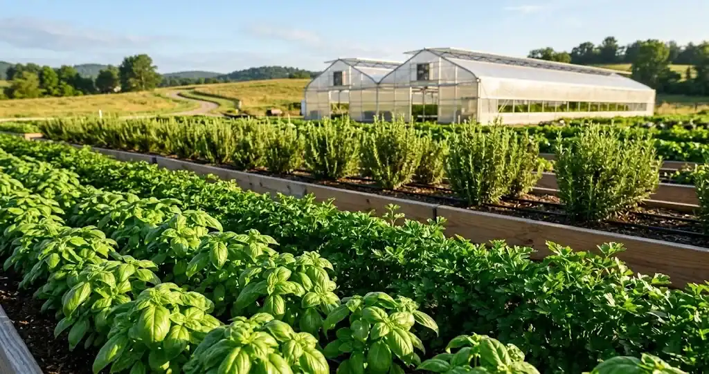 Thriving commercial herb farm raised beds with sweet basil, Italian parsley, and greenhouse in morning light