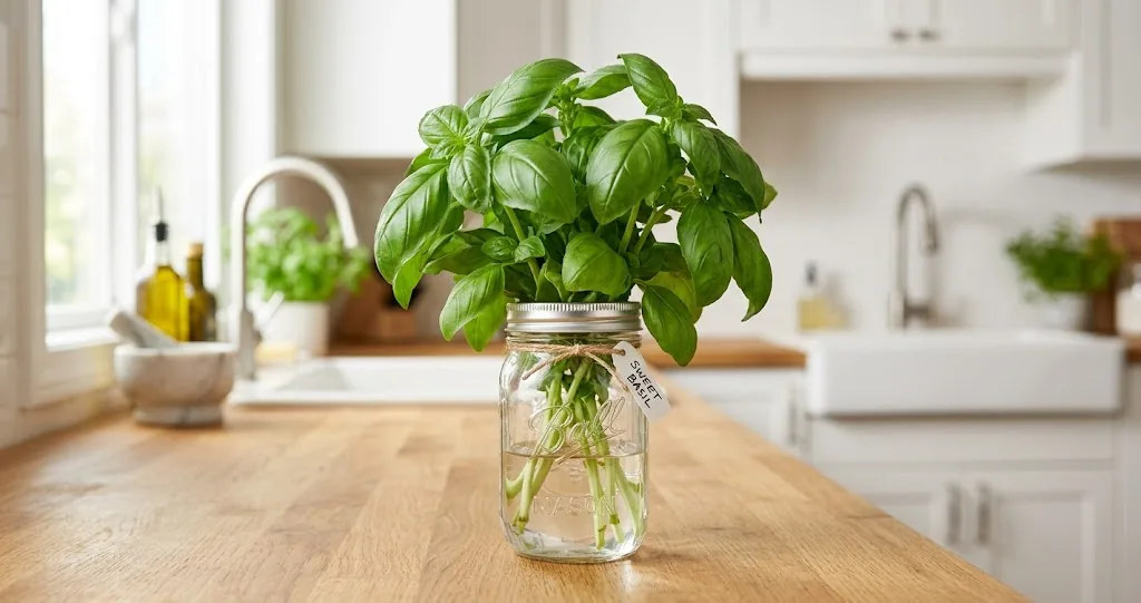 Fresh sweet basil bouquet stored in a glass mason jar with water on a sunlit kitchen countertop