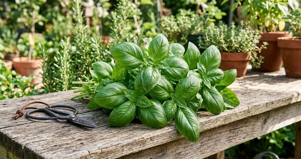 Freshly harvested bunch of sweet basil resting on a rustic wooden potting bench in morning sunlight