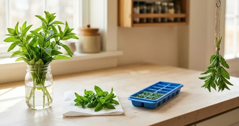 A jar of fresh spearmint stems in water on a kitchen counter beside a damp paper towel and an ice cube tray with chopped mint