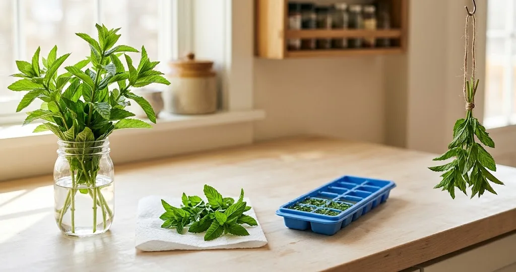A jar of fresh spearmint stems in water on a kitchen counter beside a damp paper towel and an ice cube tray with chopped mint