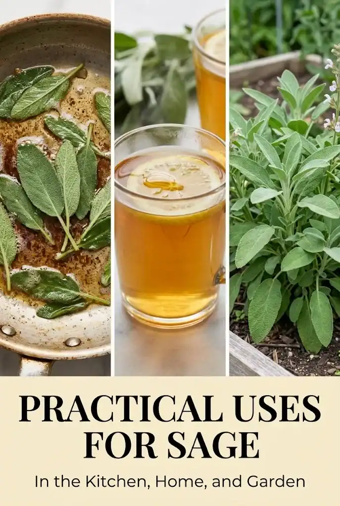 Practical uses for sage Pinterest graphic with cooking, tea, and garden tips