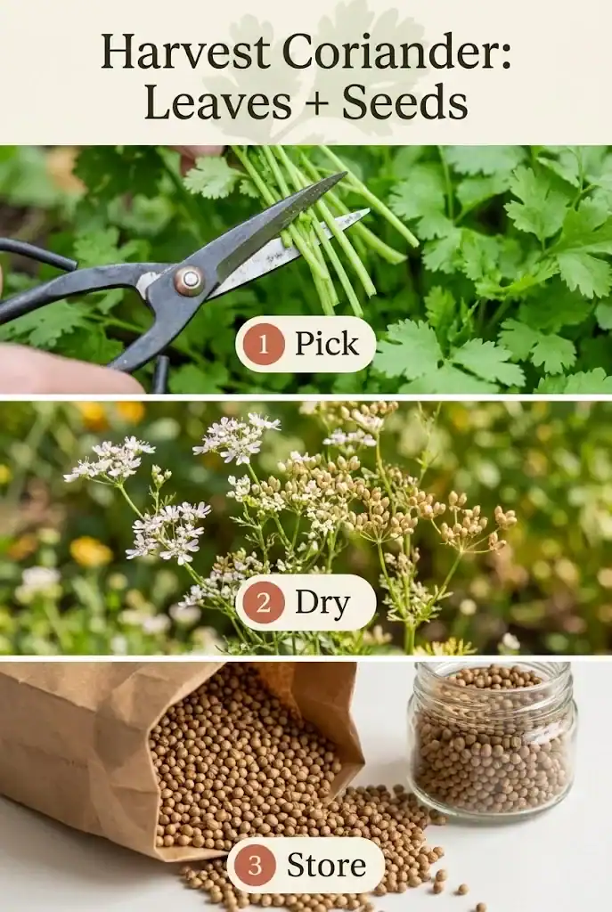 Pinterest guide showing cilantro leaf harvest, mature coriander seed heads, and dried seeds