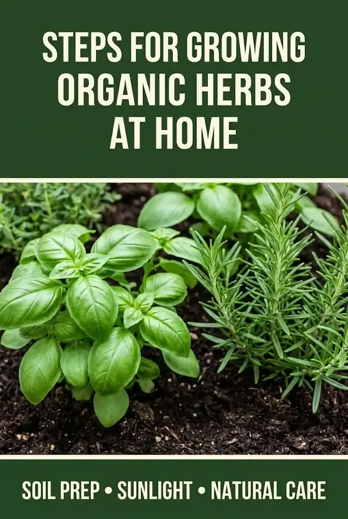 Vertical Pinterest guide with forest green bands and text Steps for Growing Organic Herbs at Home showing lush garden herbs