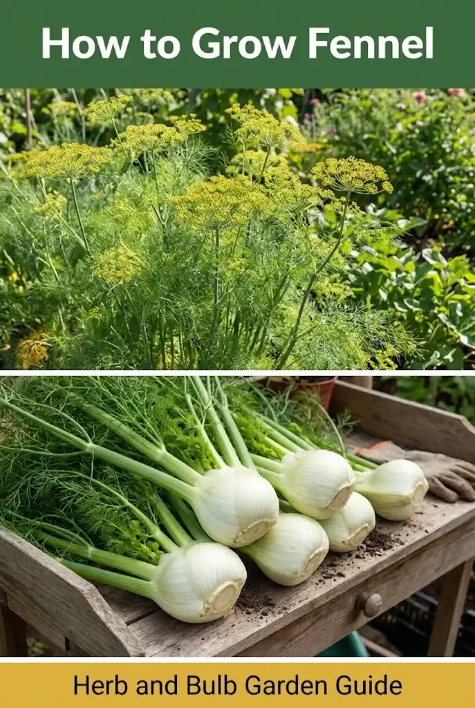 How to Grow Fennel complete gardening pin showing lush foliage and harvested crisp bulbs
