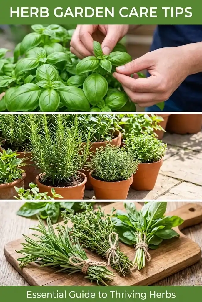 Three-panel Pinterest collage showing fresh basil pinching, potted patio herbs, and harvested herb bundles with title Herb Garden Care Tips