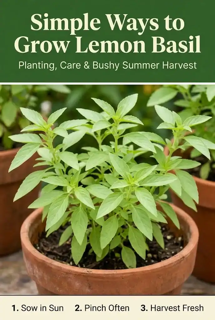 Pinterest guide graphic for Simple Ways to Grow Lemon Basil with solid green and cream header bands