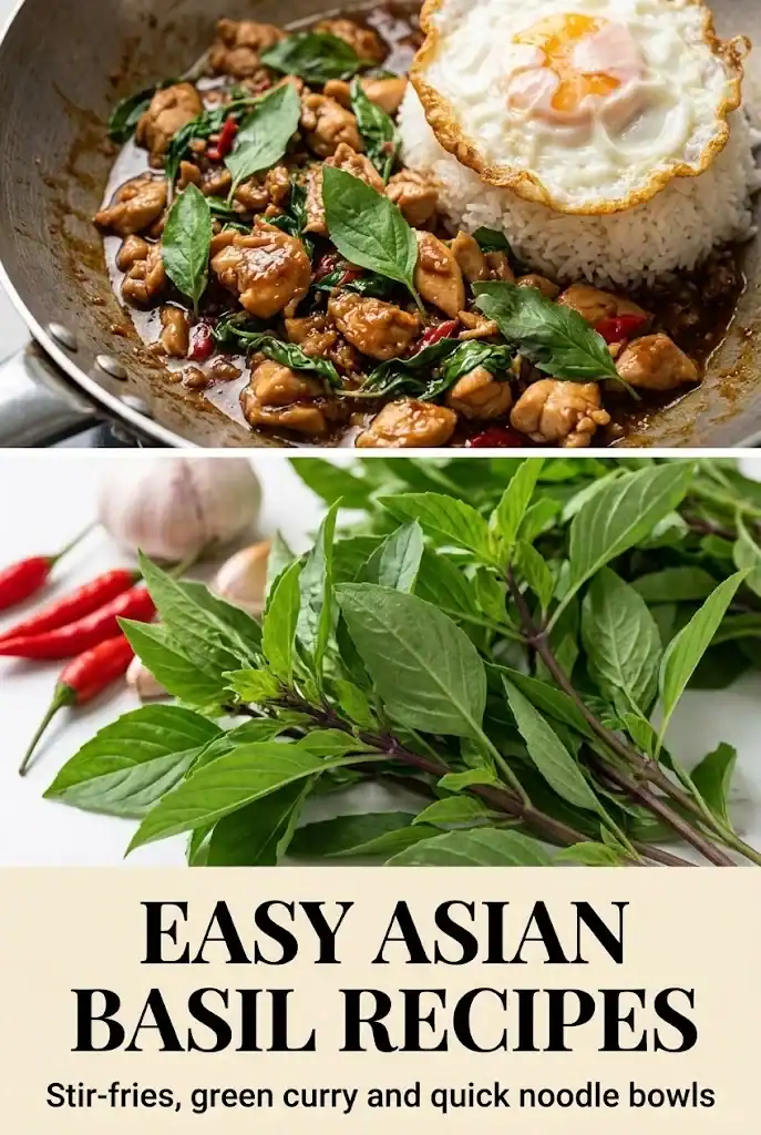 Pinterest pin for easy Asian basil recipes featuring pad kra pao, fresh herbs, and clean typography