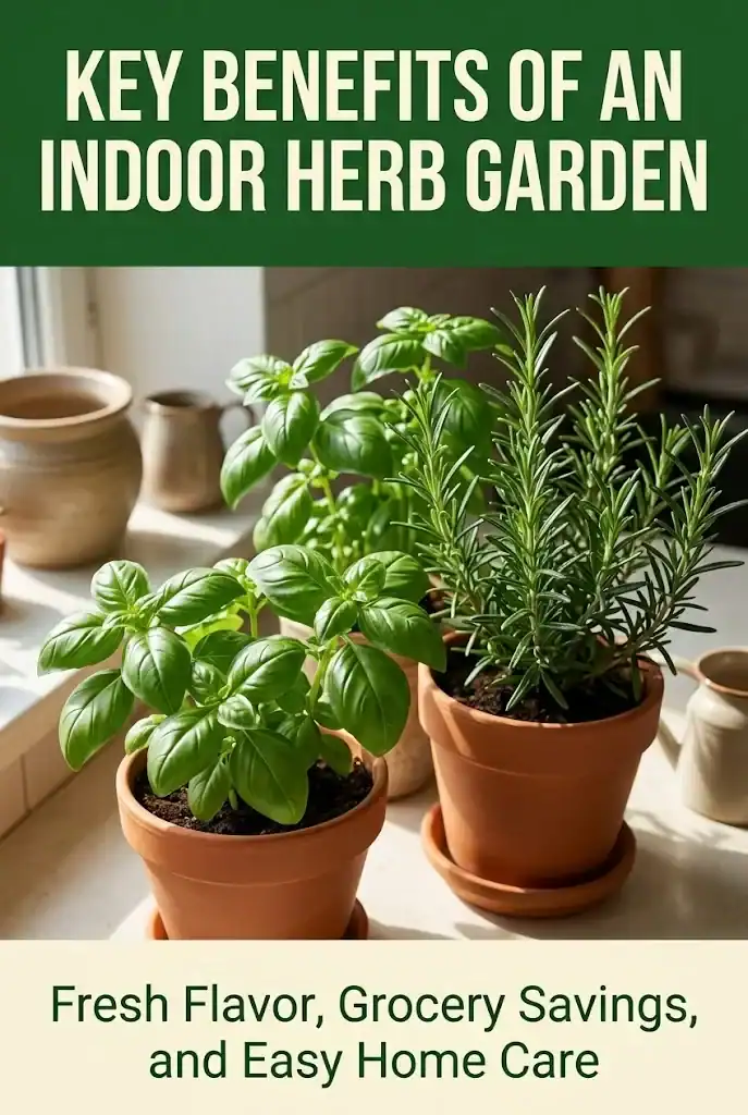 Key benefits of an indoor herb garden Pinterest graphic with fresh culinary herbs in terracotta pots