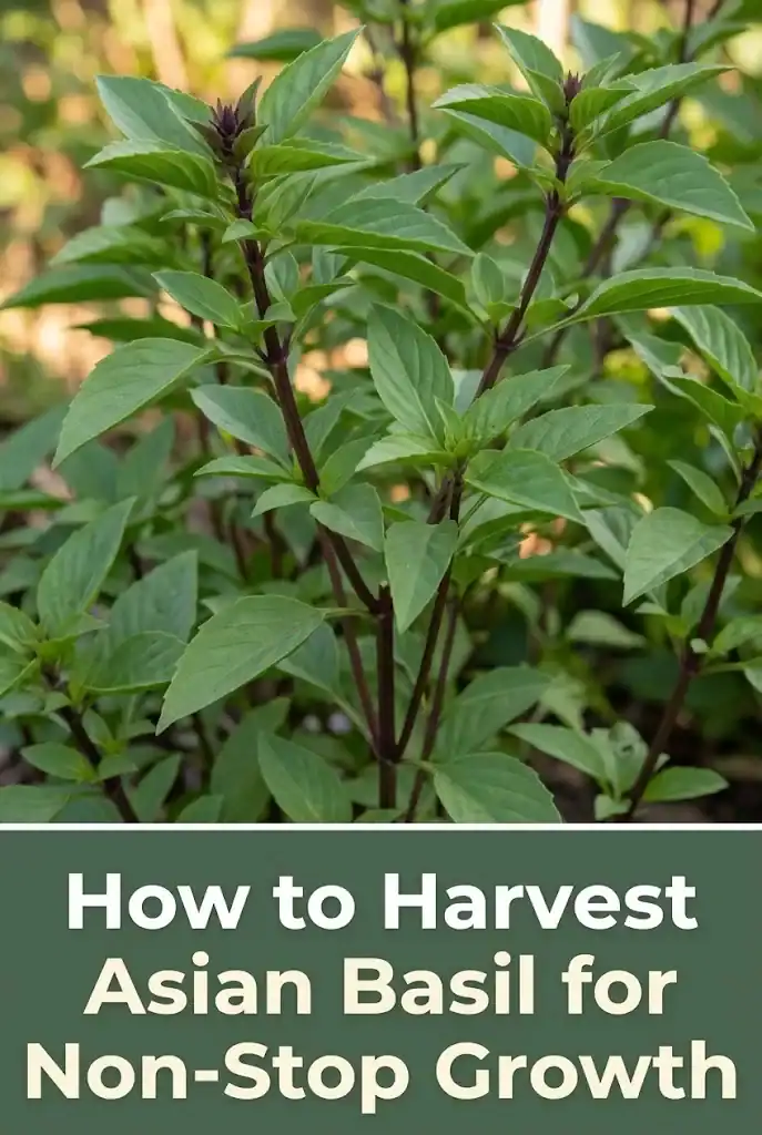 Pinterest pin graphic titled How to Harvest Asian Basil with guide photos on pruning and storing fresh stems