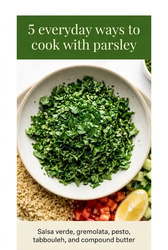Pinterest graphic for cooking with parsley, showing a tabbouleh bowl and five recipes