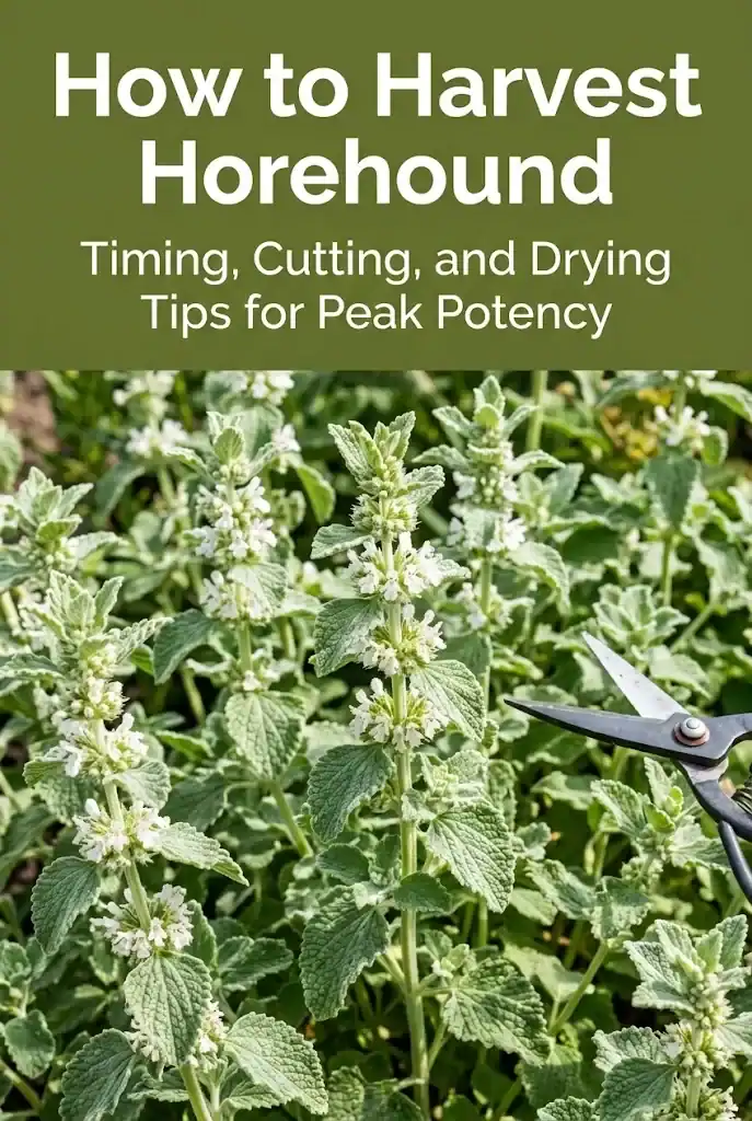 How to Harvest Horehound Pinterest guide featuring timing and drying tips alongside fresh horehound sprigs
