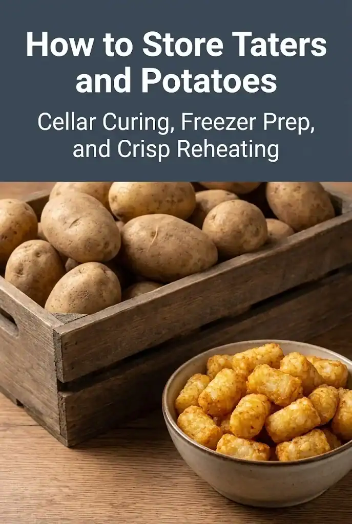 Pinterest guide for storing garden potatoes and tater tots in cellar, pantry, and freezer