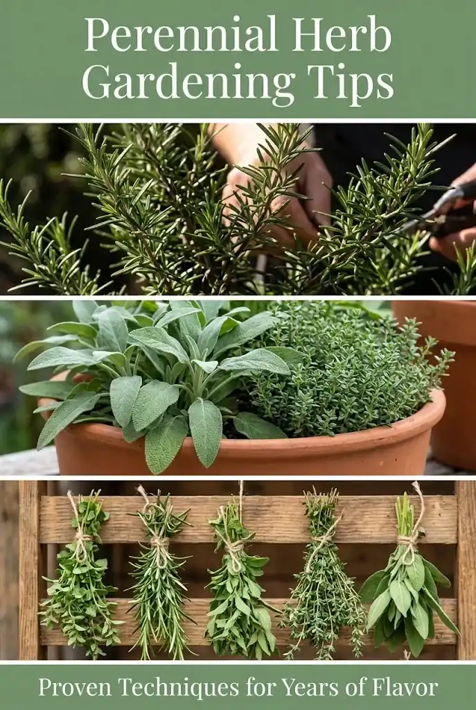 Vertical Pinterest infographic with three photographic panels and banner text detailing perennial herb gardening tips and growing techniques