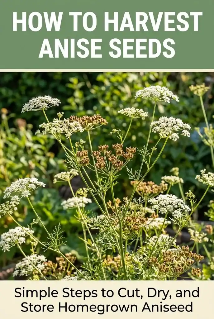 Pinterest graphic with green and cream banners outlining steps for harvesting, drying, and storing anise seeds