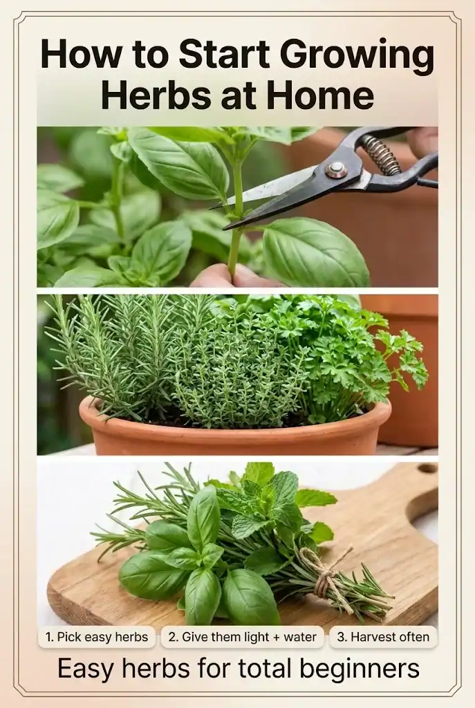 Pinterest graphic collage showing herb harvesting, a mixed herb container, and a tied bundle of fresh herbs with the title How to Start Growing Herbs at Home