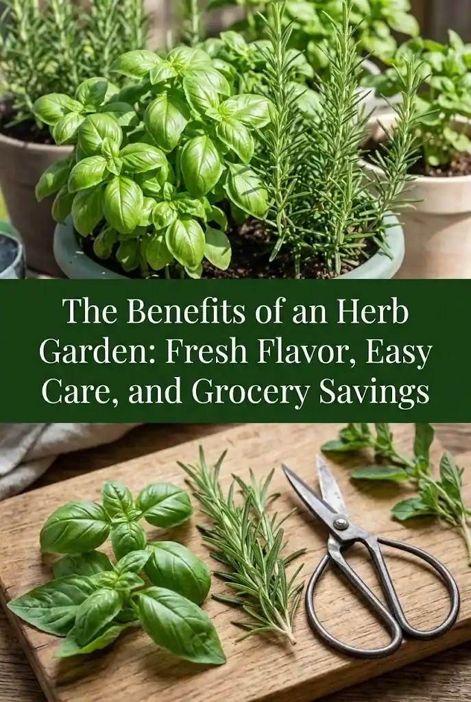 Editorial Pinterest graphic layout featuring potted herbs and fresh culinary cuttings with a green banner detailing the benefits of growing an herb garden