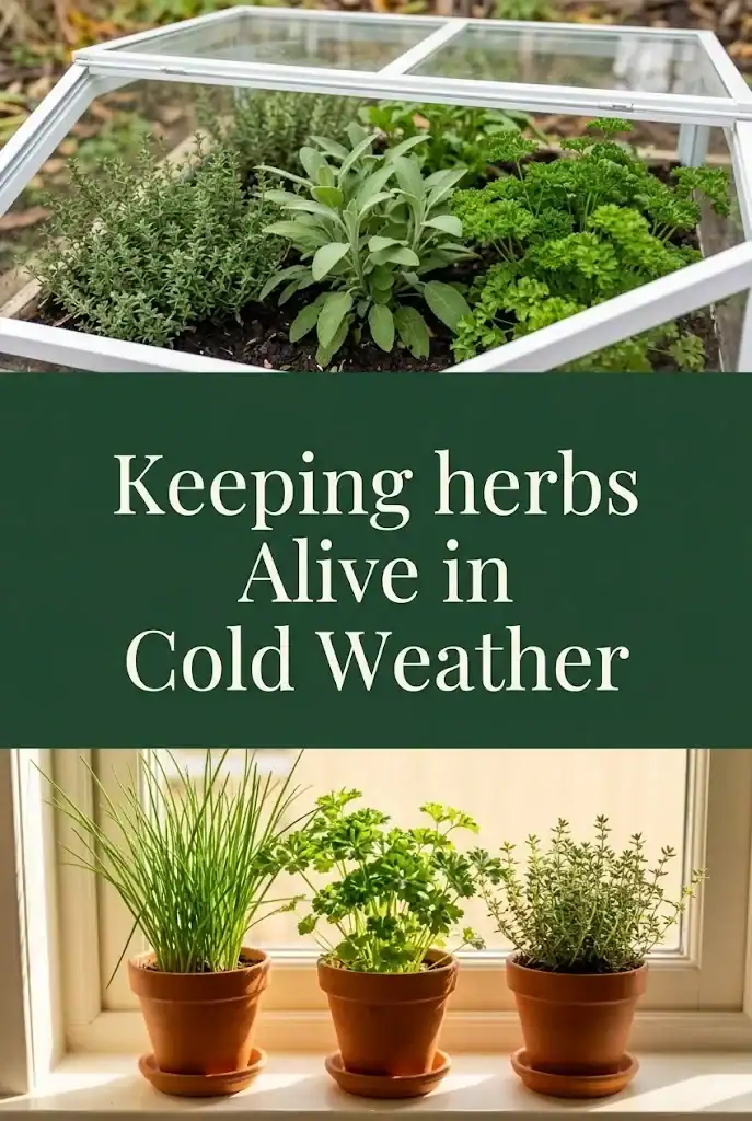 Pinterest graphic titled Keeping herbs Alive in Cold Weather with a cold frame photo on top and an indoor windowsill photo on the bottom