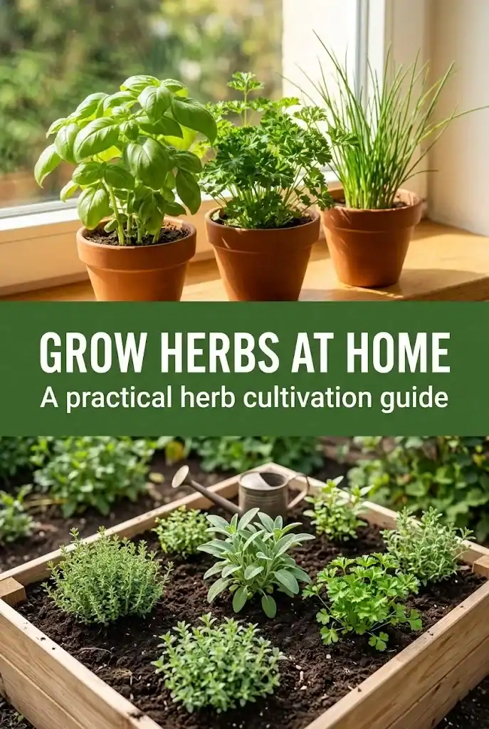 Pinterest graphic titled GROW HERBS AT HOME, a vertical collage of potted herbs and a raised bed.
