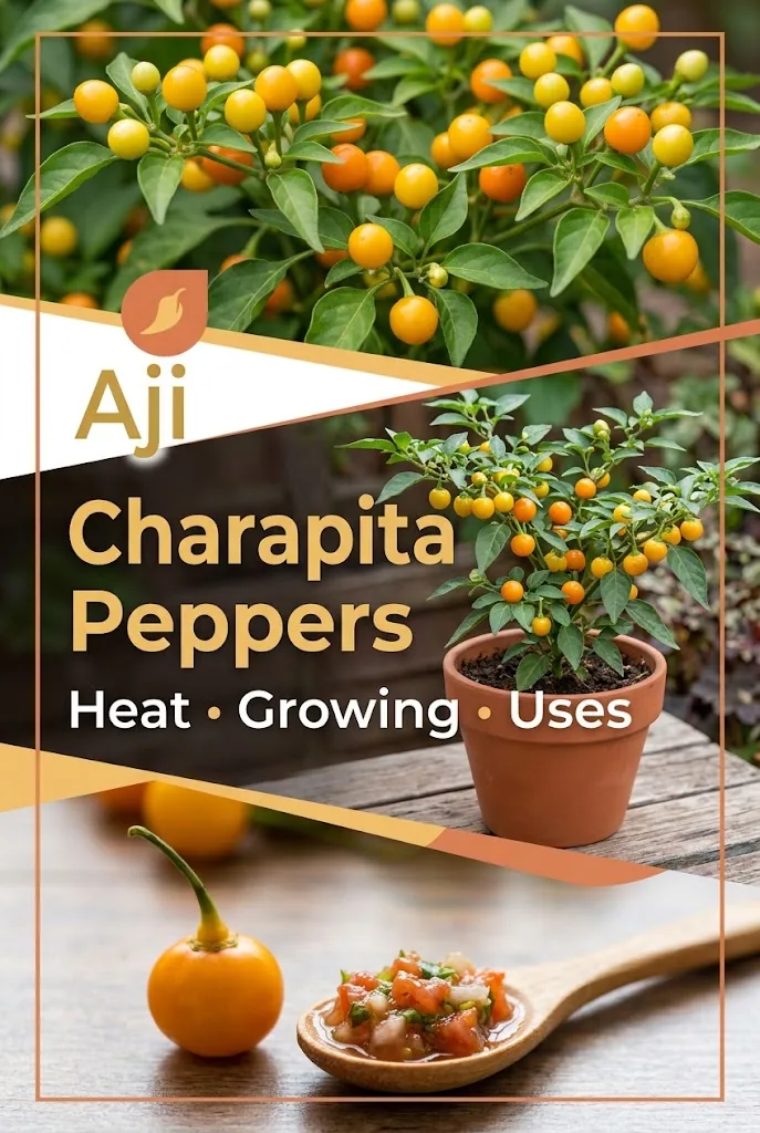 Vertical collage of ají charapita peppers, a potted plant, and salsa with the title Aji Charapita Peppers