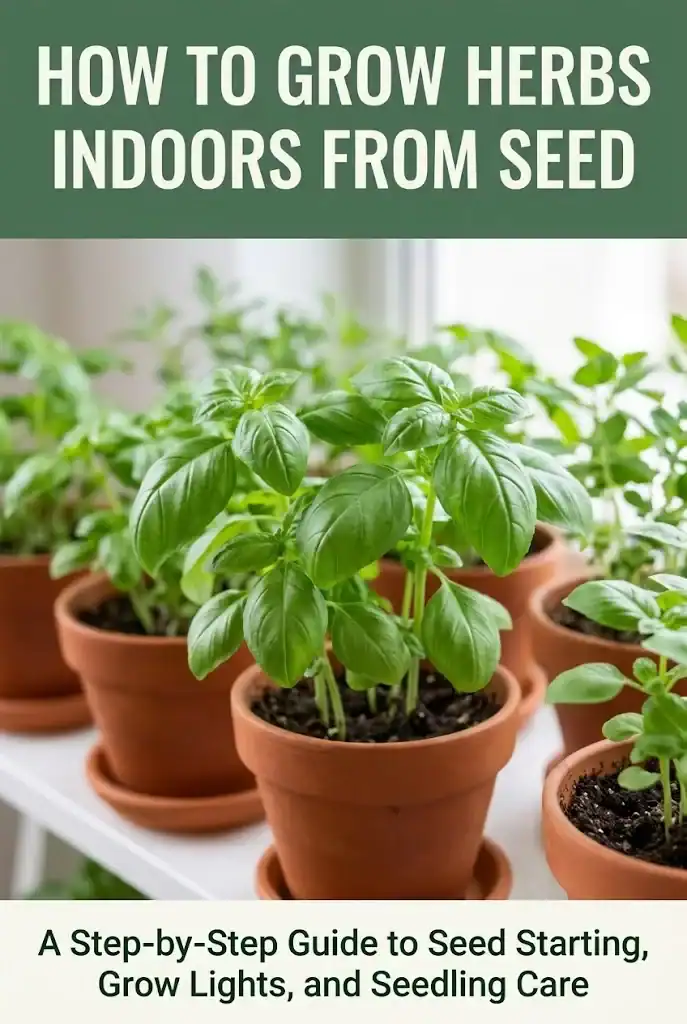 Vertical Pinterest graphic with sage green and cream banners summarizing essential steps for growing herbs indoors from seed