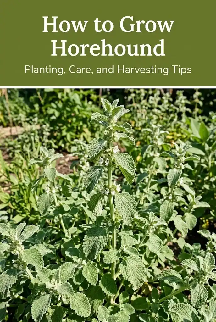 Pinterest guide graphic for growing horehound with planting, care, and harvesting tips