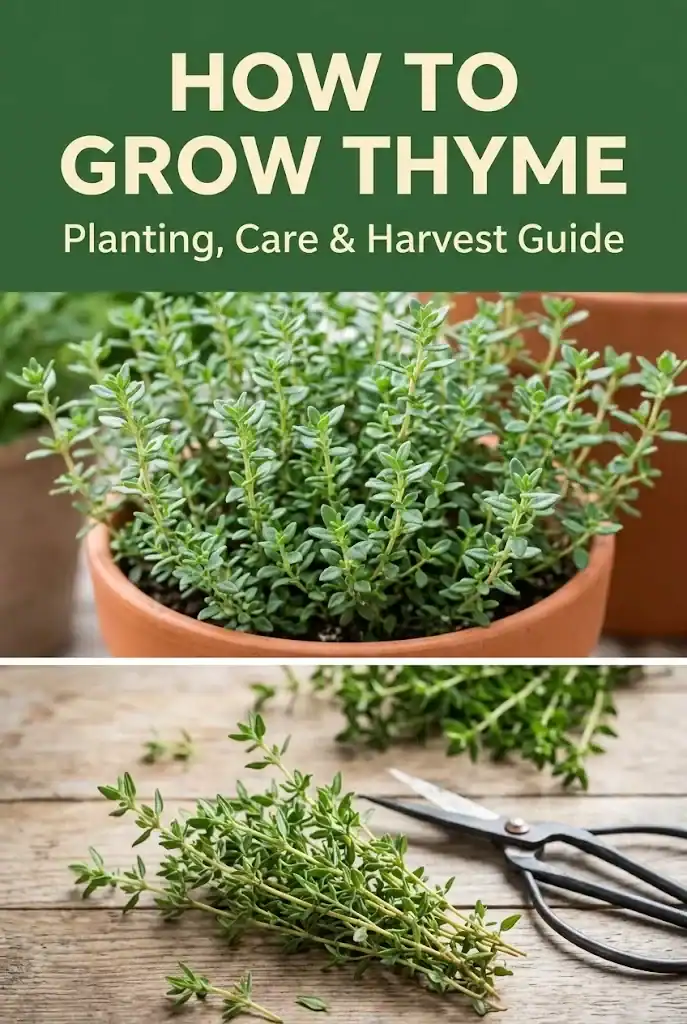 High-converting Pinterest graphic guide on how to grow and harvest thyme