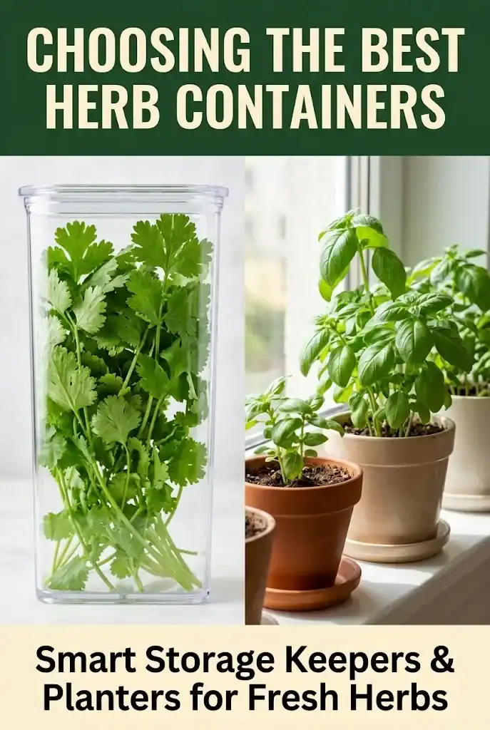 Choosing the Best Herb Containers Pinterest guide with top banner, split view of fresh herbs in a keeper and growing pots, and bottom guide banner