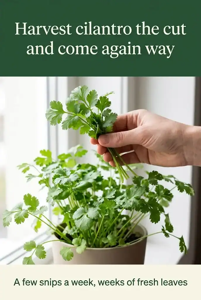 Pinterest graphic titled Harvest cilantro the cut and come again way
