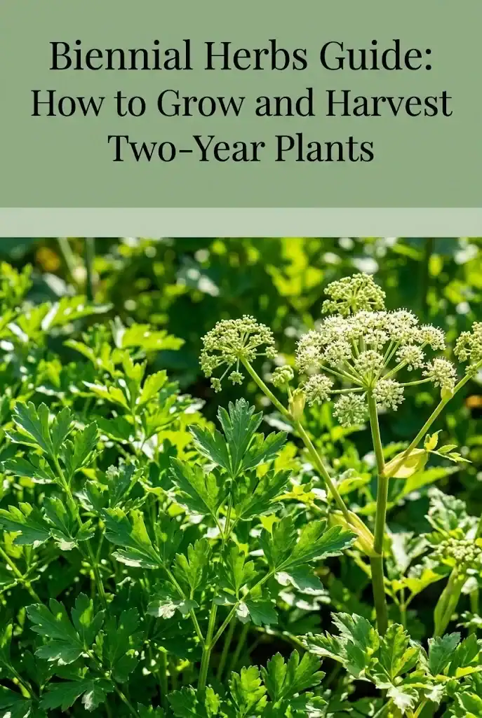 Pinterest graphic titled Biennial Herbs Guide: How to Grow and Harvest Two-Year Plants