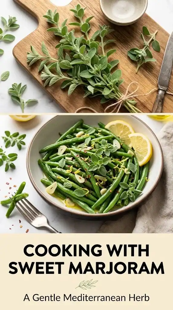 Pinterest graphic with overhead marjoram sprigs, the finished green-bean dish, and a cream band reading Cooking with Sweet Marjoram