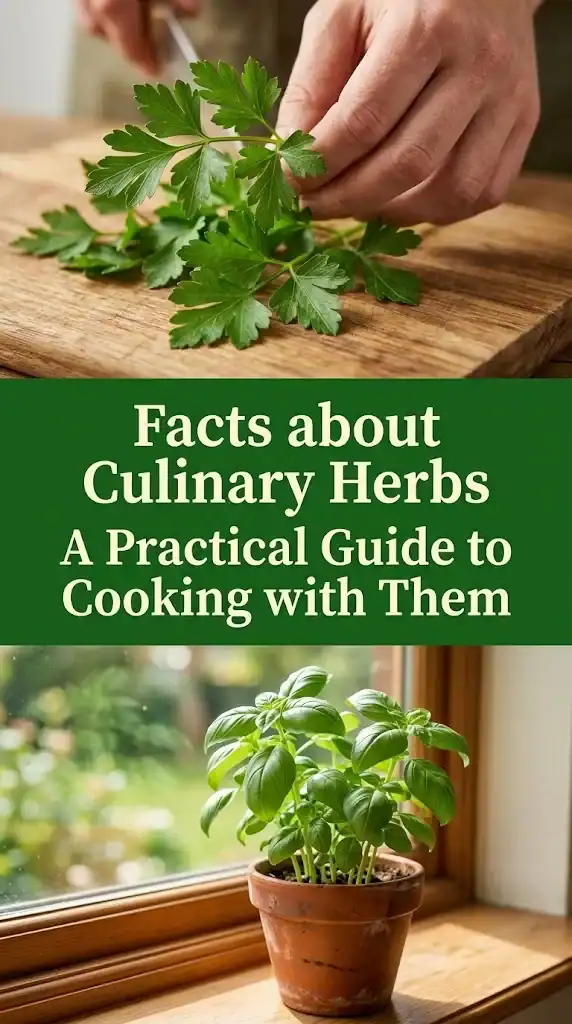 Pinterest graphic titled Facts about Culinary Herbs with a flat-leaf parsley photo on top and a basil pot photo on bottom