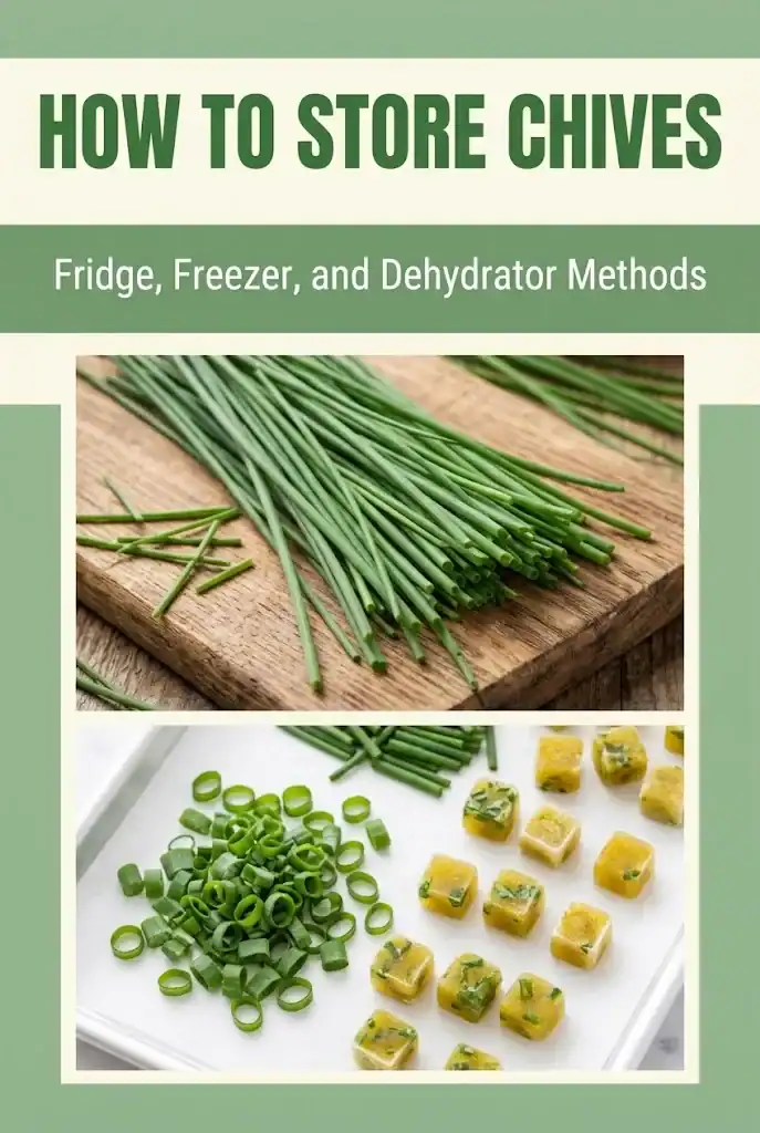 How to store chives graphic showing fresh chives, frozen herb cubes, and storage steps