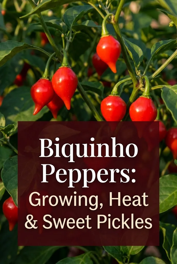 Pinterest graphic about growing biquinho peppers, their mild heat, and sweet pickles