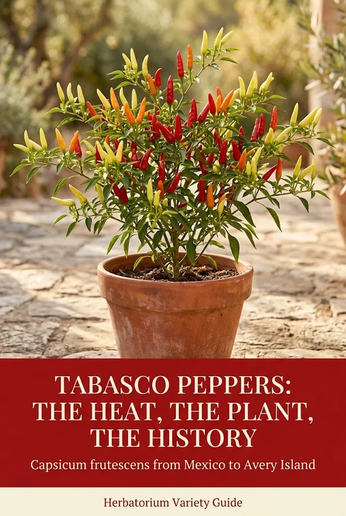 Vertical pin: mature Tabasco shrub in terracotta pot with solid chili-red color-block title band below