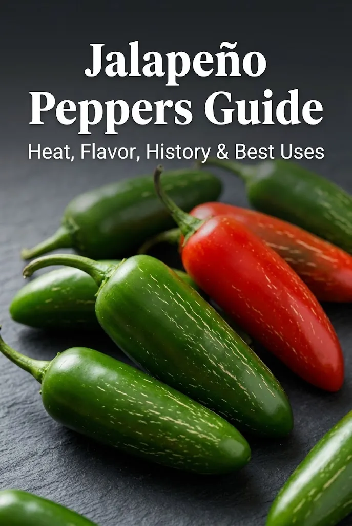 Green and red jalapeño peppers on slate with a dark title scrim