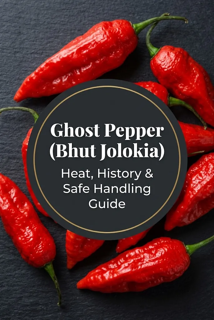 Vertical Pinterest pin for ghost pepper guide with circular badge and typography