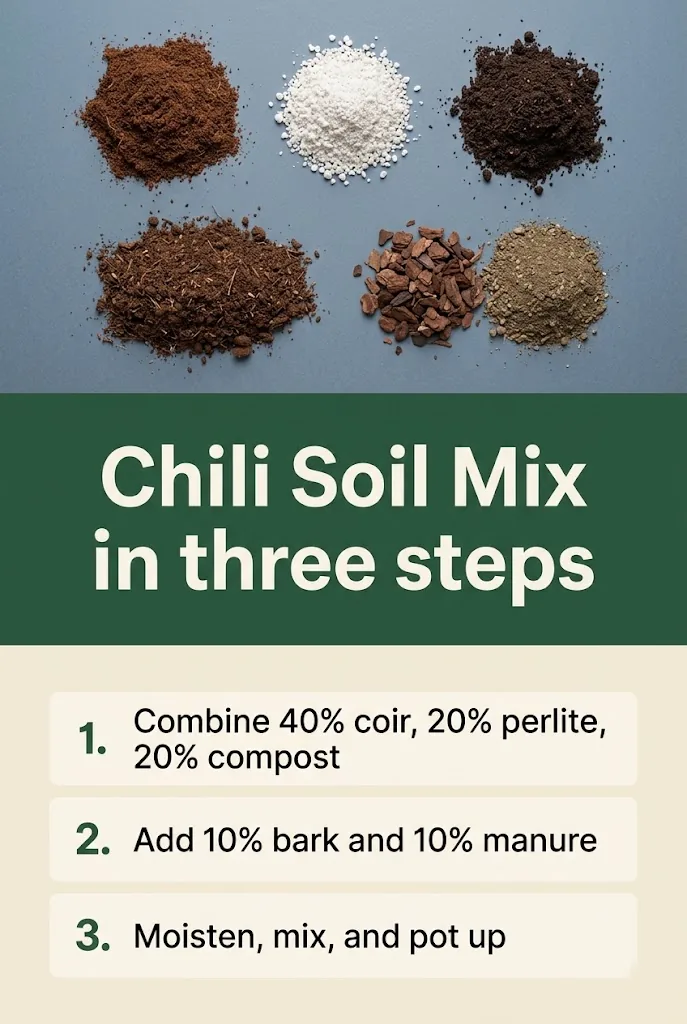 Pinterest graphic showing the chili soil mix in three steps with the headline Chili Soil Mix in three steps and three numbered step chips
