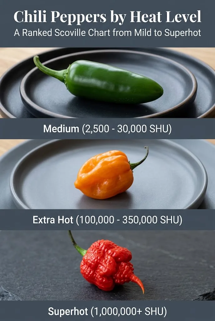 Vertical educational Pinterest graphic with three panels showing chili peppers by heat level and Scoville heat units