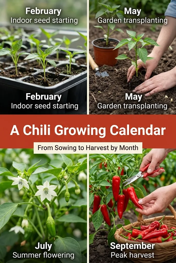 Four-step Pinterest infographic outlining a month-by-month chili growing calendar from indoor seed starting to autumn harvest