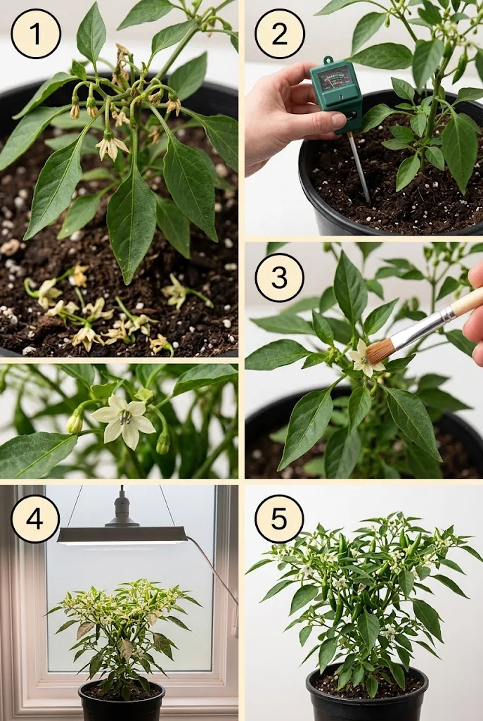 Vertical five-step Pinterest pin showing blossom-drop troubleshooting steps with numbered circles