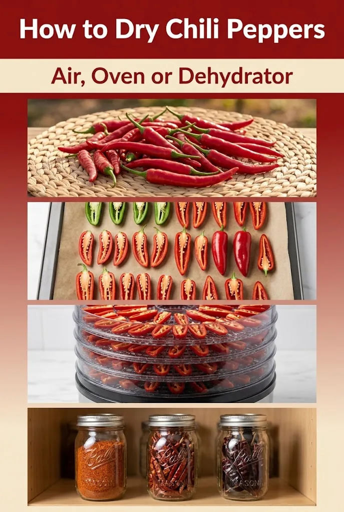 Pinterest collage titled How to Dry Chili Peppers showing sun-drying, oven tray, dehydrator, and storage jars