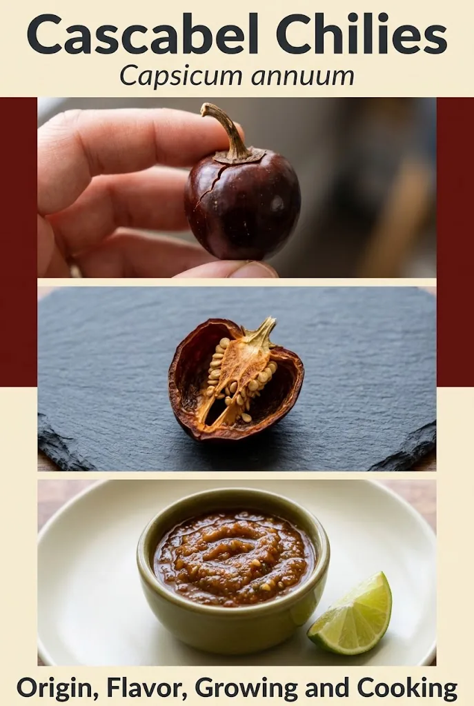 Pinterest pin for cascabel chilies with three photographic panels: a held pod, a halved pod on slate, and a bowl of cascabel salsa.