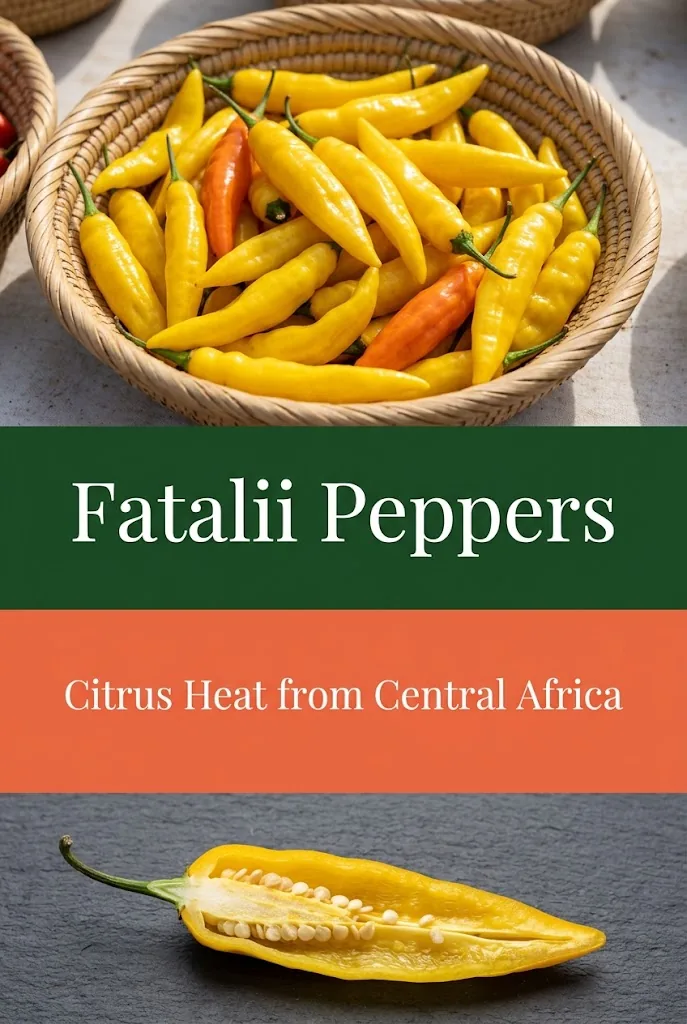 Pinterest graphic with yellow Fatalii market photo, forest green title band reading Fatalii Peppers, coral band reading Citrus Heat from Central Africa, and a halved pod at the bottom