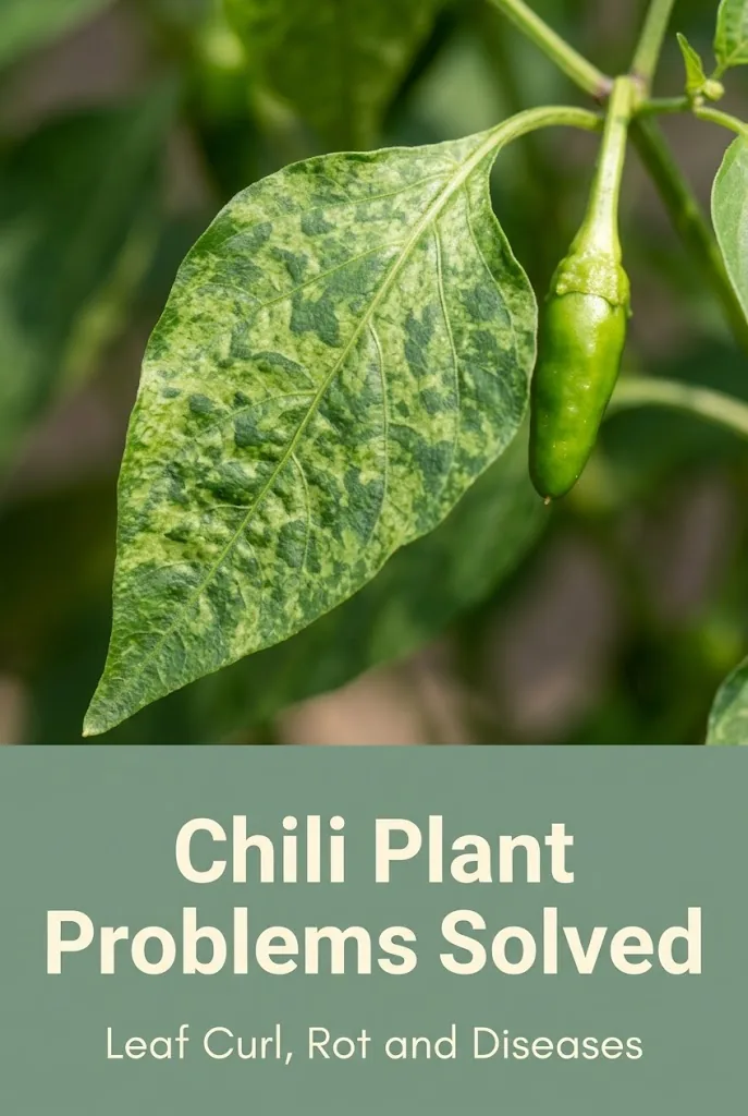Vertical Pinterest pin: chili leaf mosaic photo on top, dusty sage-green band below with the headline Chili Plant Problems Solved and subhead Leaf Curl, Rot and Diseases