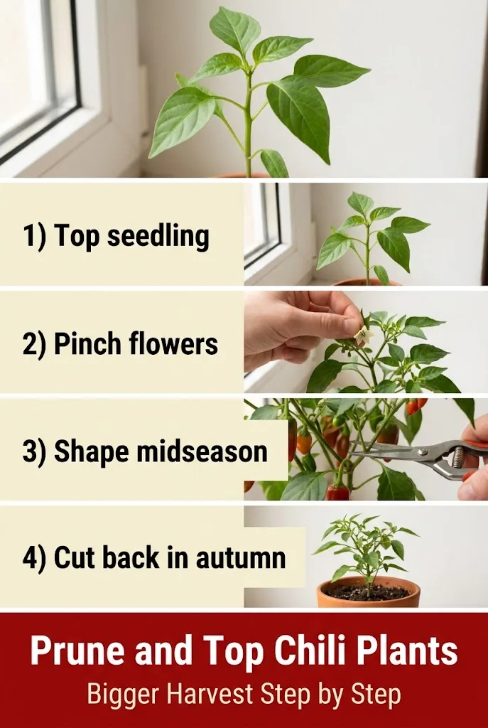 Vertical Pinterest pin titled Prune and Top Chili Plants with a four-step infographic on topping, pinching flowers, shaping midseason, and autumn cutback.