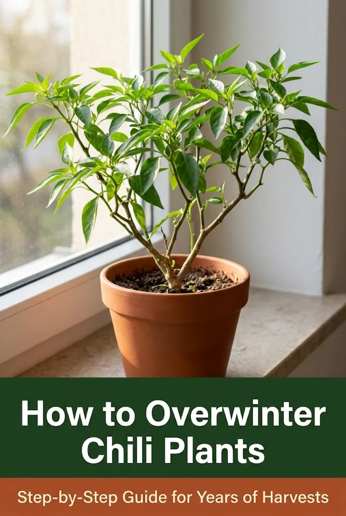 Pinterest guide graphic on how to overwinter chili plants for years of harvests